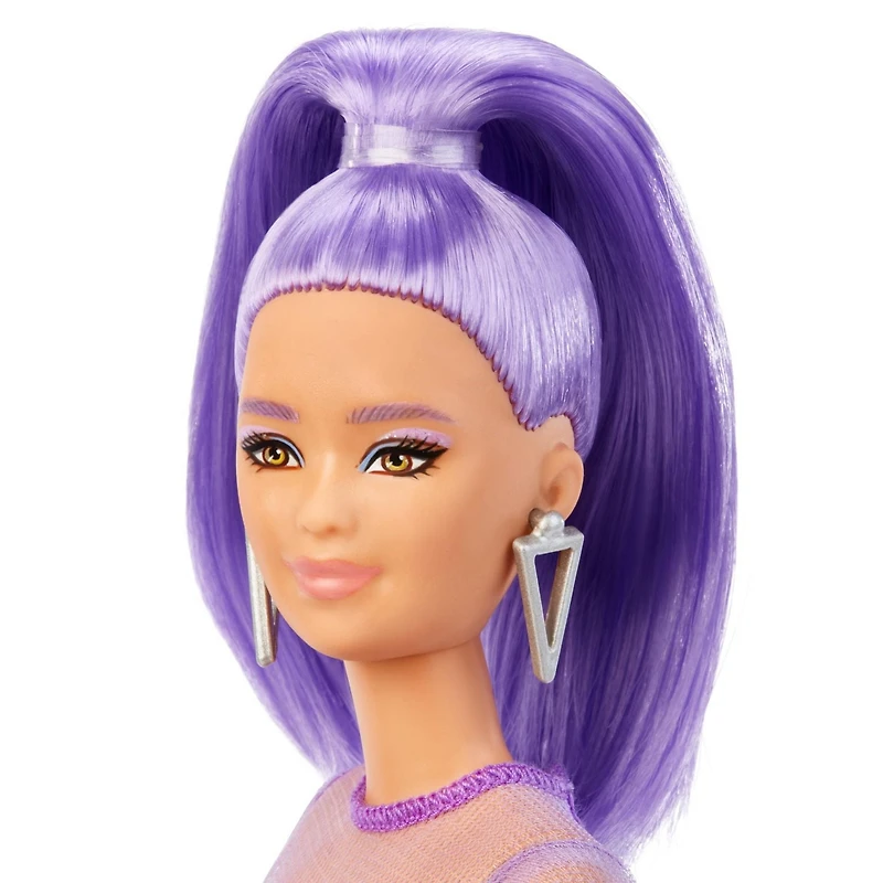 Barbie Fashionistas Doll #178, Petite, Long Purple Hair & Purple Metallic Dress, Sheer Bodice & Sleeves, Purple Sneakers, 3 to 8 Years Old