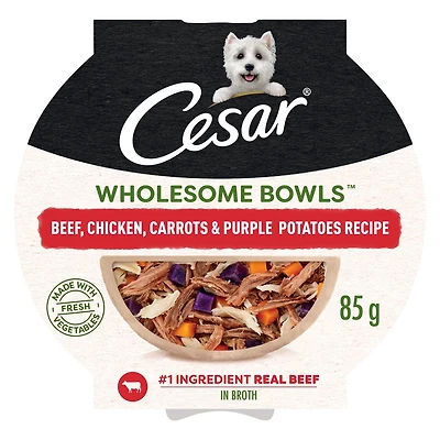 Nourriture humide pour chiens adultes Cesar Wholesome Bowls recette au bœuf, au poulet, aux carottes et aux pommes de terre mauves 85G