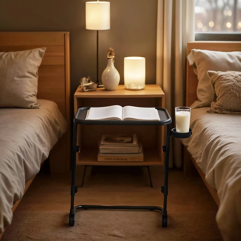 Lit queen-size Homy Casa gris capitonné avec rangement et bureau à plateau réglable, design compact