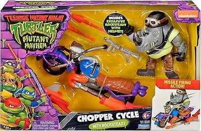 Teenage Mutant Ninja Turtles Mutant Mayhem Chopper Cycle with Rocksteady Vehicle & Action Figure.