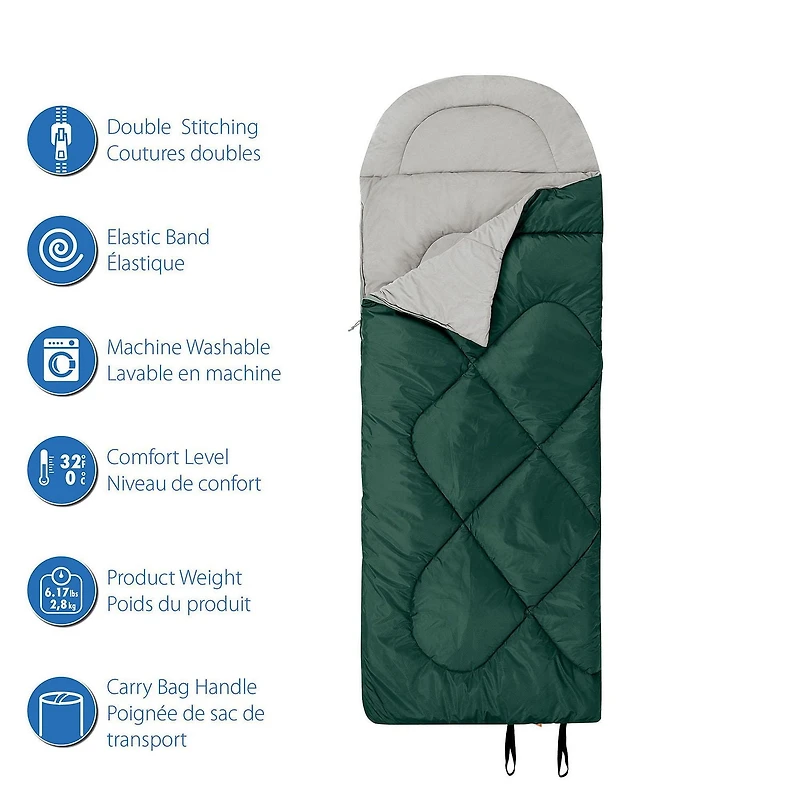 Ozark Trail 0C Sleeping Bag, 92"(L) x34" (W),Temp Rating +32℉/+0℃, Polyester Fabric, Outer Green, Sleeping Bag