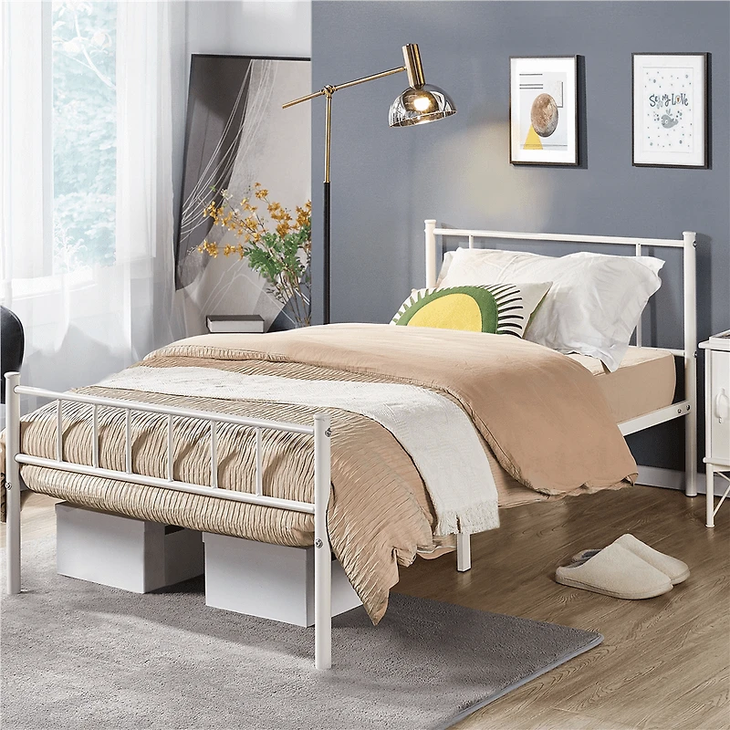 Fullfurnique Metal Platform Bed Frame with Headboard and Footboard, Twin, White
