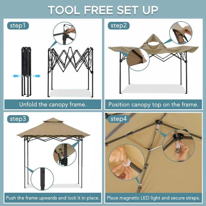 SUNJOY 8' x 5' Grill Gazebo Double Tiered Outdoor Gazebo Standing-Height Canopy with Magnetic LED Light, Adjustable Ceiling Height, for BBQ,Picnics, Outdoor Events, Brown