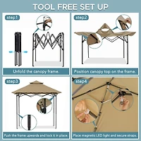 SUNJOY 8' x 5' Grill Gazebo Double Tiered Outdoor Gazebo Standing-Height Canopy with Magnetic LED Light, Adjustable Ceiling Height, for BBQ,Picnics, Outdoor Events, Brown