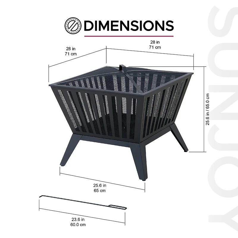 Sunjoy Foyer à bois de 71 cm en acier noir avec tisonnier et housse grillagée