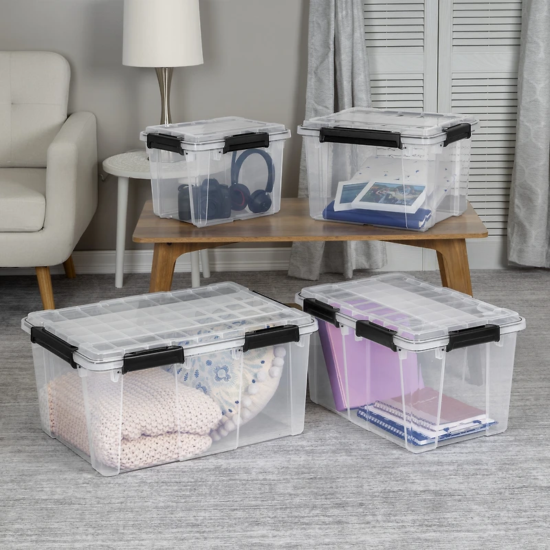 Sterilite 32 L Gasket Box, WaterProof Clear Plastic Storage Bin with Lid, Gasket Seal and Durable Latches, Black, 4 Pk