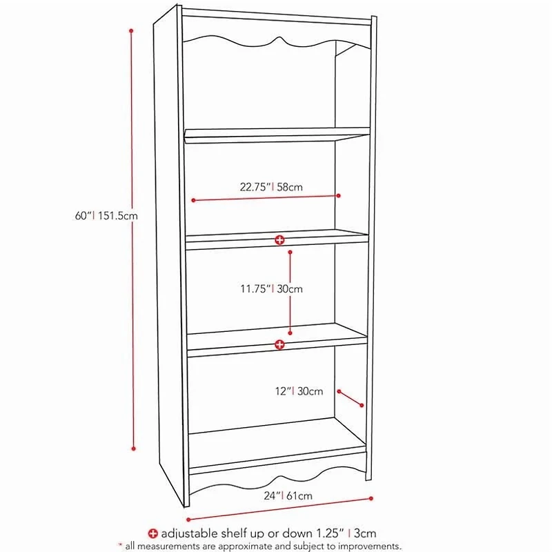 CorLiving Hawthorn 4-Tier Engineered Wood Adult Bookcase with 3 Adjustable Shelves