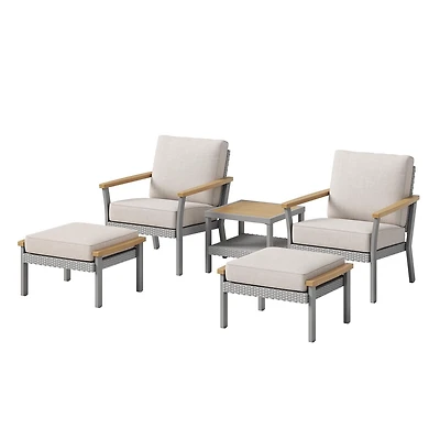 SONGMICS HOME Sencillo Collection - 5 Piece Patio Furniture Set, 2 Lounge Chairs, 2 Ottomans, 1 Coffee Table, Synthetic PE Rattan, Gray and Beige