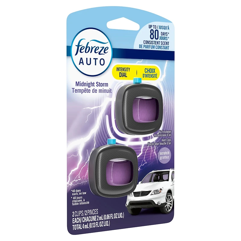 Assainisseur d’air pour voiture Febreze, éliminateur d’odeurs sous forme de pince pour bouche d’air d’automobile, parfum Tempête de minuit, 2unités 4ML