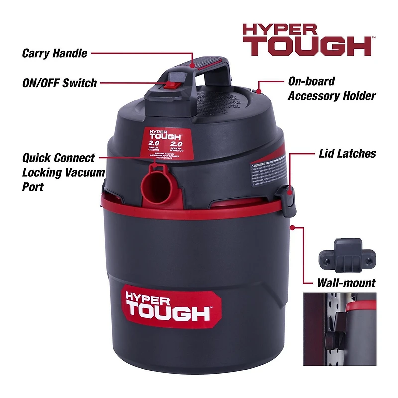 Hyper Tough 7,6 Litres Polyéthylène Aspirateur Eau Et Poussière Hyper Tough 7.6L (2 Gal.) Aspirateur eau et poussières de 2,0 CV avec accessoires