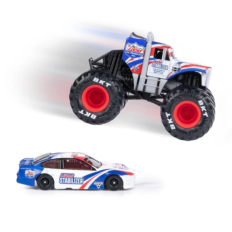 Monster Jam, Monster truck Lucas Stabilizer officiel et voiture de course à l'échelle 1:64, jouets pour garçons et filles à partir de 3 ans