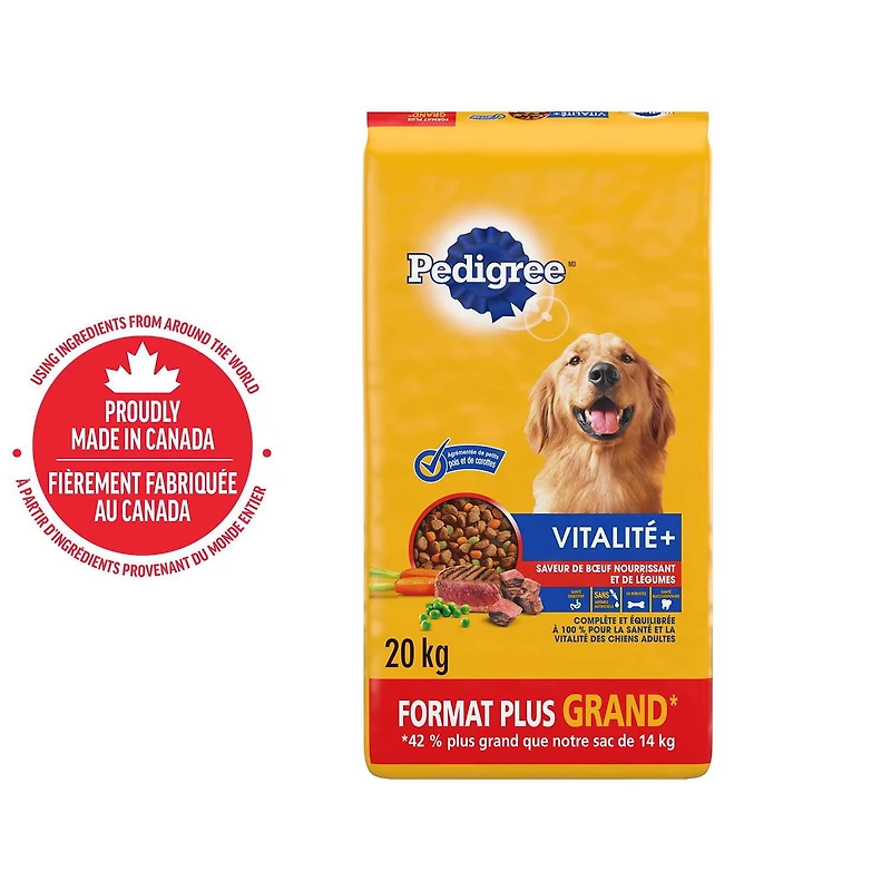 Nourriture sèche pour chiens adultes PEDIGREE VITALITÉ+ saveur de bœuf nourrissant et de légumes, sac de 20kg