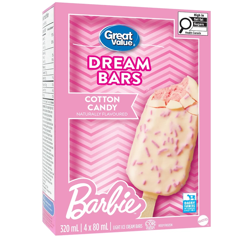 Barres de crème glacée légère aromatisée naturellement à la barbe à papa Barbie Great Value 4 x 80