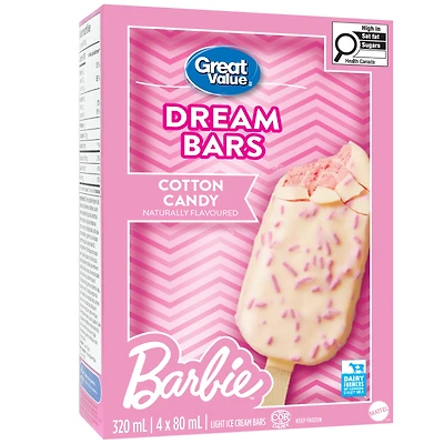 Barres de crème glacée légère aromatisée naturellement à la barbe à papa Barbie Great Value 4 x 80