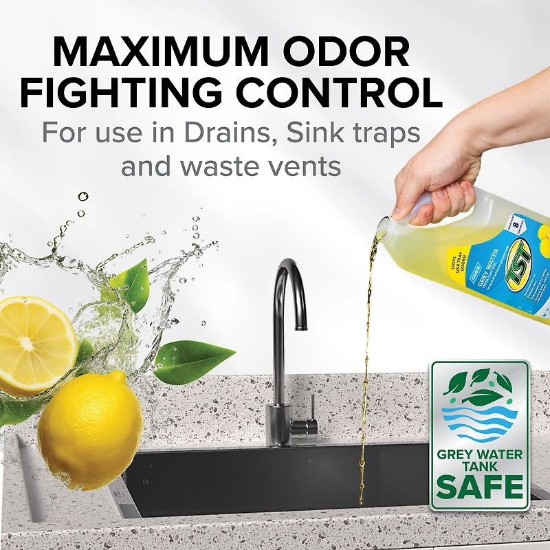 Camco TST RV Grey Water Odor Control – Fresh Lemon Scent, 32-Ounce Bottle (40250), Lemon Scent
