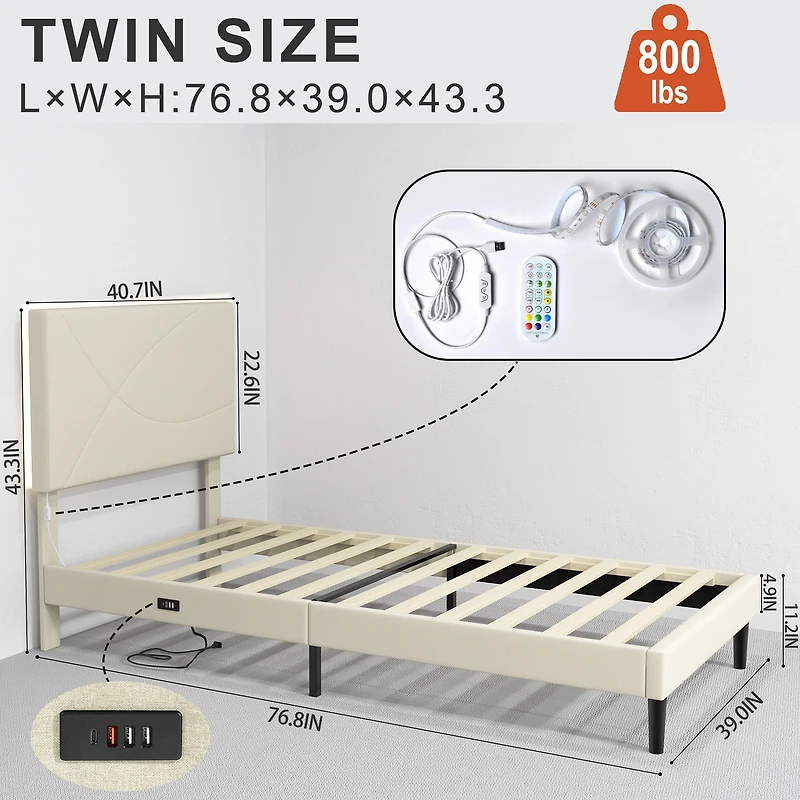 Homy Casa Twin Upholstered Bed with LED Light, USB Ports and Padded Headboard for Kids Bedroom, Beige