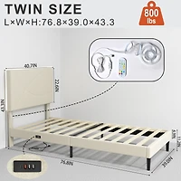 Homy Casa Twin Upholstered Bed with LED Light, USB Ports and Padded Headboard for Kids Bedroom, Beige