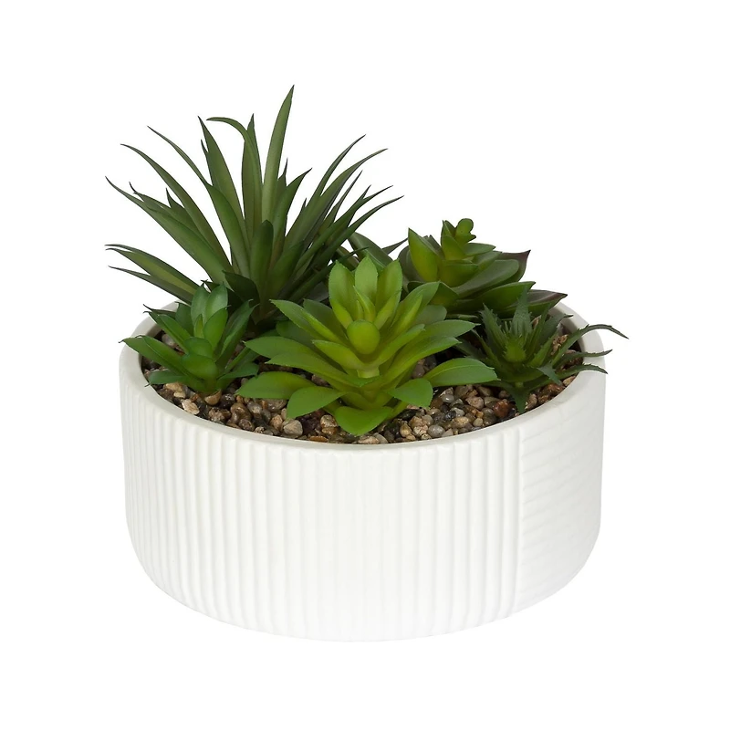 DesignOvation 6.25"H Tabletop Artificial Succulents in White Ribbed Pot, 7.13in W x 6.25in H x 7.13in D