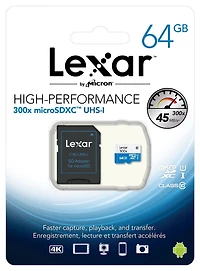 Lexar® High-Performance 64GB microSDXC™ UHS-I cards (300x) with Adapter