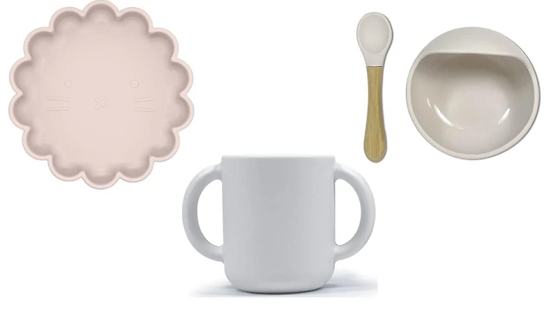 Kushies 4 Piece 100% Silicone Feeding Meal Set - - (Bowl,Plate & Cup with handles) – Dishwasher & Microwave Safe - Pink - 6 months +