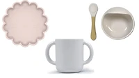 Kushies 4 Piece 100% Silicone Feeding Meal Set - - (Bowl,Plate & Cup with handles) – Dishwasher & Microwave Safe  - Pink - 6 months +
