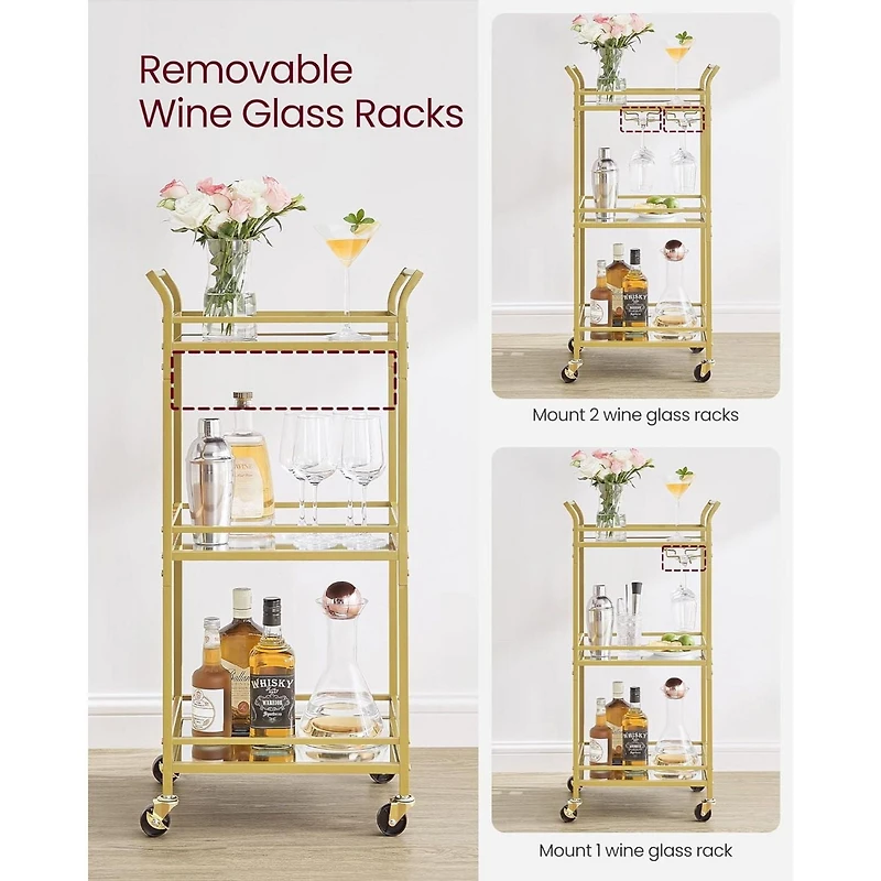 Boutique Home Tempered Glass Gold Bar Serving Cart