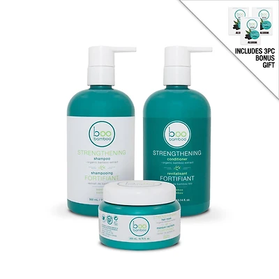 Coffret de soins capillaires fortifiants Entièrement Naturels Boo Bamboo de 3 pcs - Shampooing, Revitalisant & Masque capillaire + Cadeau en prime