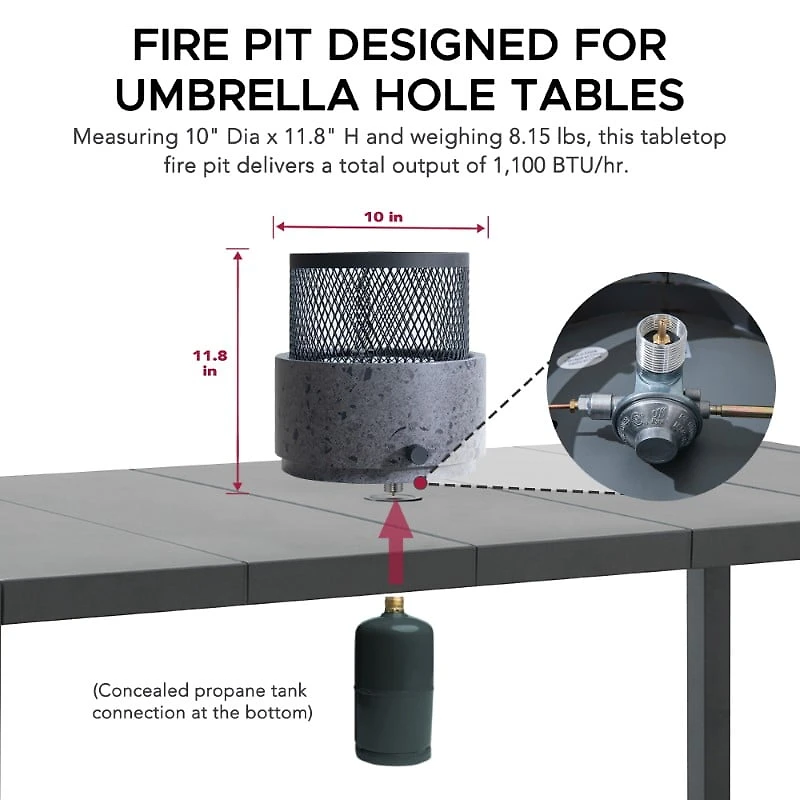 Sunjoy Smokeless Tabletop Fire Pit Bottom-Mounted, 11.81 inch Height Portable Propane Gas Fire Pit with Stainless Steel Burner, Outdoor Patio Camping Bonfire, Heat Transfer