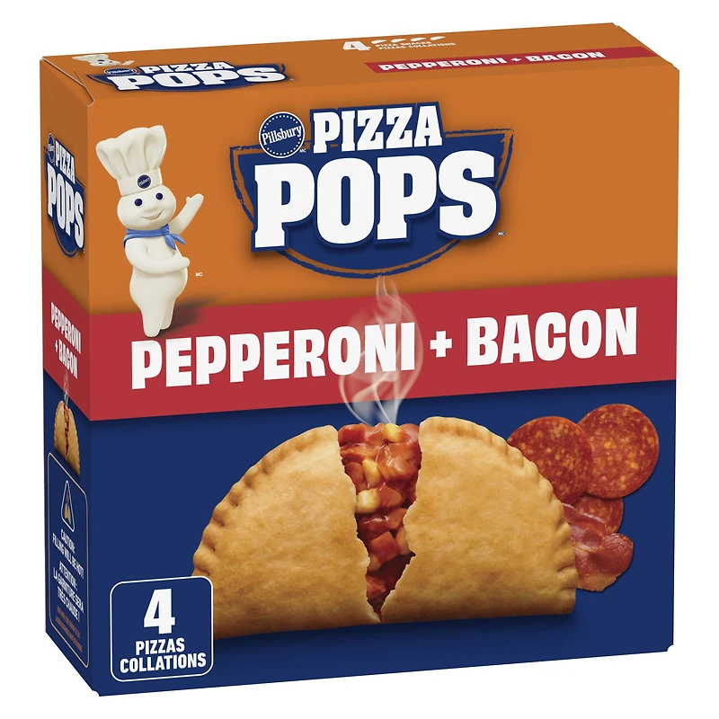 Pillsbury Pizza Pops, saveur Pepperoni + Bacon, collations de pizza surgelées, 380 g, 4 unités, Contient : Blé, Lait. 380.000g