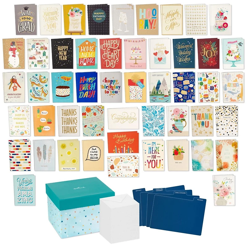 Boîtes de cartes variées pour toutes les occasions et intercalaires pour organiser les cartes, Hallmark (Paquet de 100 cartes) – fête, remerciement, félicitations, mariage, bébé, « Je pense à toi », c