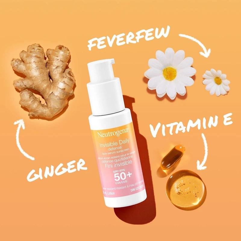 Sérum pour le visage Défense quotidienne Fini invisible Neutrogena, FPS 50+, UVA/UVB, antioxydants, sans parfum 50 ml