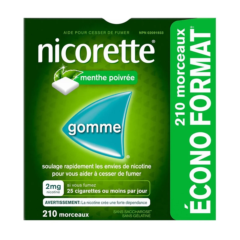 Gomme Nicorette Menthe Poivrée, 2 mg, Renoncement au tabac, Gomme de nicotine, Aide pour cesser de fumer, TRN, Réduire les envies de fumer 210 morceaux