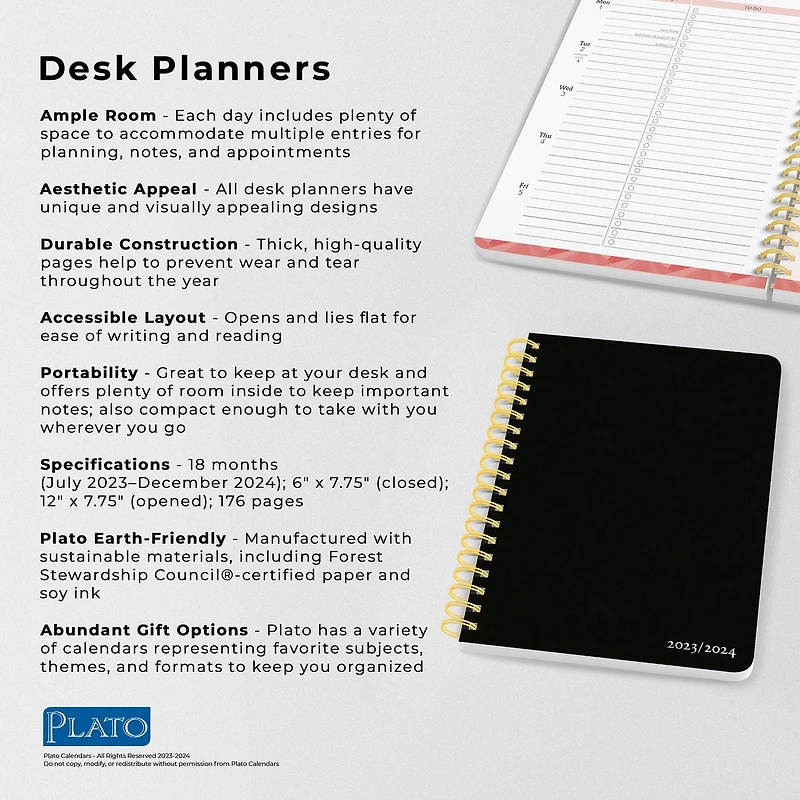 Plato Black Solid 2024 6x7.75 Inch 18 Months Desk Planner, July 2023 - December 2024, 9781975457396