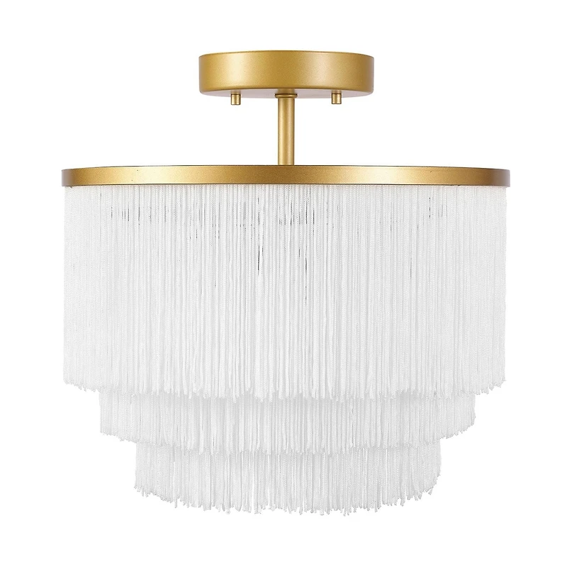 Plafonnier affleurant à 1 ampoule Janis de Novogratz x Globe, or mat, abat-jour en tissu frangé blanc
