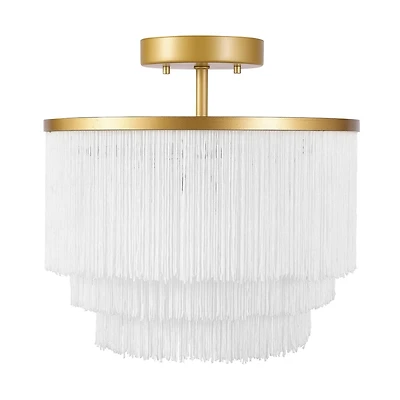 Plafonnier affleurant à 1 ampoule Janis de Novogratz x Globe, or mat, abat-jour en tissu frangé blanc