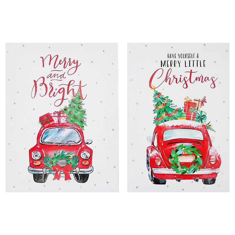 Canvas Wall Sign With Glitter (Red Car With Gifts) (Asstd) - Set of 2