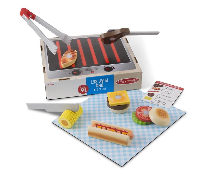 Melissa & Doug Flip And Grill BBQ Play Set Pretend Play Wooden Play Food and Accessories (16 Pieces)