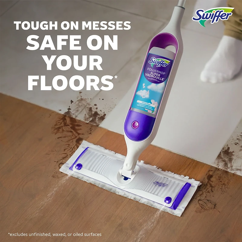 Trousse de nettoyage multisurfaces Swiffer SuperVadrouille pour le nettoyage des planchers parfum Frais la trousse comprend un balai SuperVadrouille 2recharges de coussins nettoyants 1sltin nettoyante
