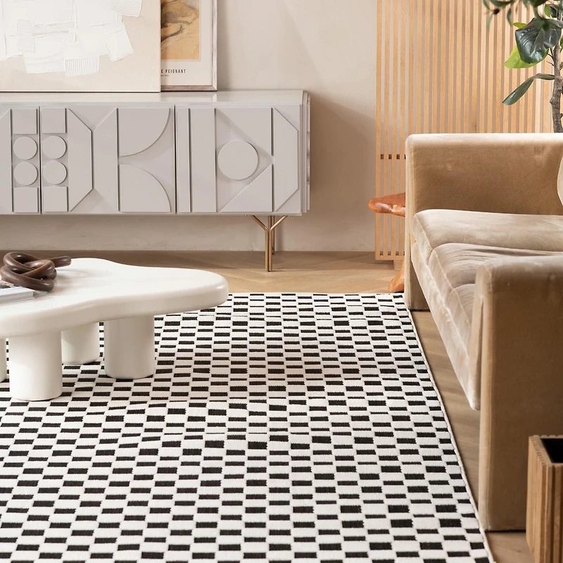 Tapis d'interieur et d'exterieur a carreaux Rug Branch Maise, noir et blanc, moderne - Entree, couloir, salle de bain et cuisine