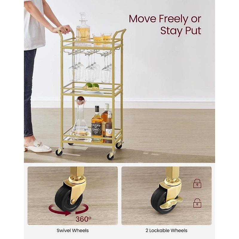 Boutique Home Tempered Glass Gold Bar Serving Cart