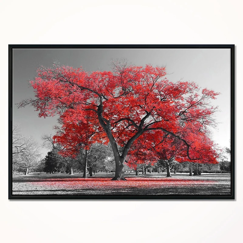 Designart Big Red Tree on Foggy Day FLOAT FRAME WALL ART