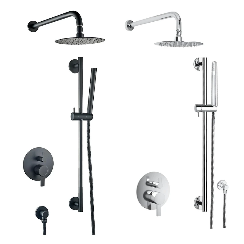 L'ensemble de robinet de couche akuaplus® ELITE avec cartouche à pression balancée et inverseur 2 voies plus 1, Un sytème de barre murale réglable avec douchette et pommeau avec raccord en laiton.
