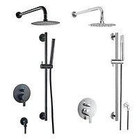 L'ensemble de robinet de couche akuaplus® ELITE avec cartouche à pression balancée et inverseur 2 voies plus 1, Un sytème de barre murale réglable avec douchette et pommeau avec raccord en laiton.
