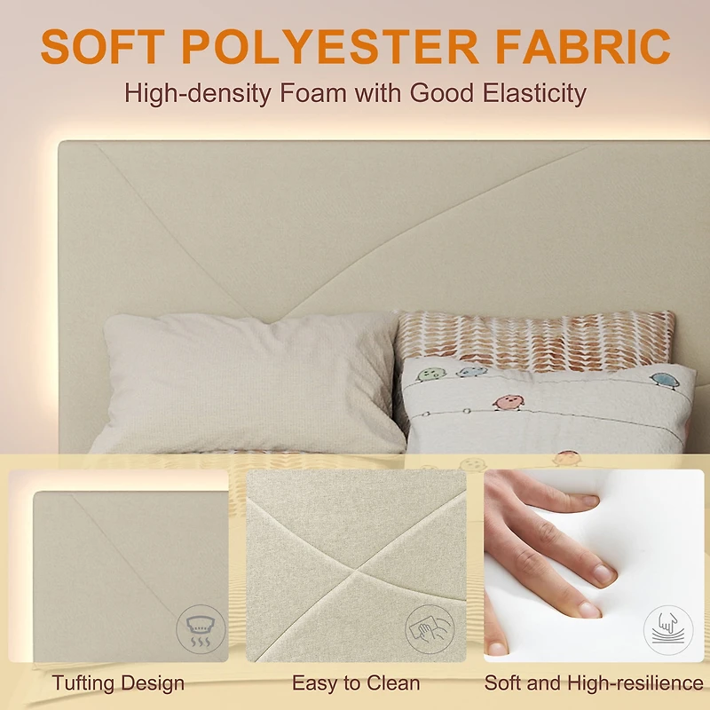 Lit simple rembourré Homy Casa avec éclairage DEL, ports USB et tête de lit rembourrée pour chambre d'enfant, beige