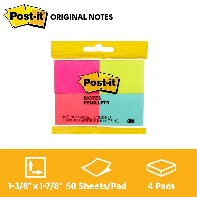 Post-it® Notes 653-4-N, Cape Town Collection, 4 Pads/Pack, 50 Sheets/Pad, 1-3/8 in x 1-7/8 in