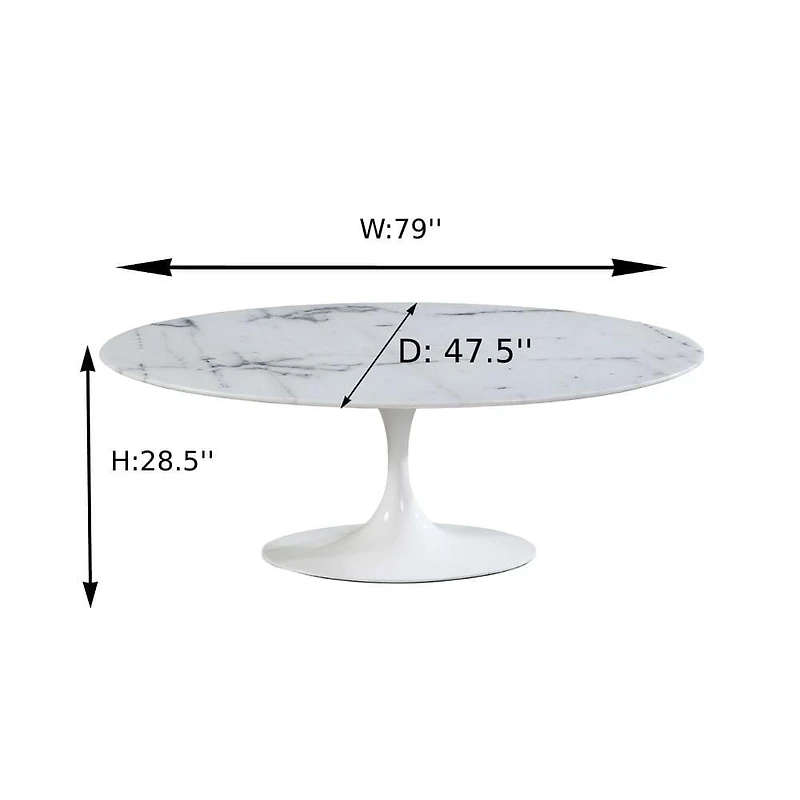 SALLE À MANGER OVALE EN MARBRE 67'' . Table de salle à manger ovale élégante avec plateau en marbre et base en aluminium blanc<br>Dimensions : 28,5" H x 79" L x 47,5" P