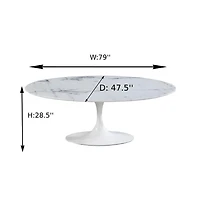 SALLE À MANGER OVALE EN MARBRE 67'' . Table de salle à manger ovale élégante avec plateau en marbre et base en aluminium blanc<br>Dimensions : 28,5" H x 79" L x 47,5" P