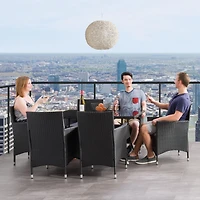 CorLiving Parksville 7-Piece Black Resin Wicker and Steel Patio Dining Set with Rectangular Glass Top Table and 6 Chairs with Grey Cushions