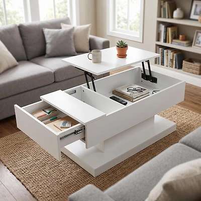 Homy Casa Lift Top LED Coffee Table, High Gloss White, Sliding Top, Storage, Bluetooth App