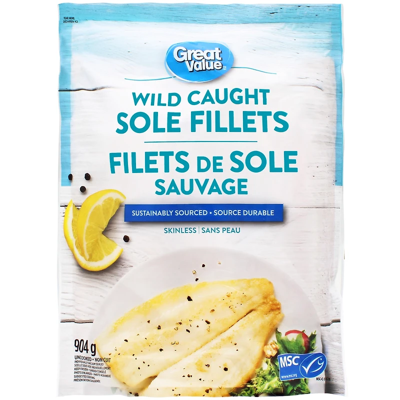 Great Value Wild Caught Sole Fillets, 904 g